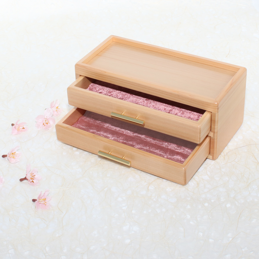 Hizakura Pen Box for 8, 2 drawers lined with Pink Cloth, BUNGUBOX, Toyooka Craft