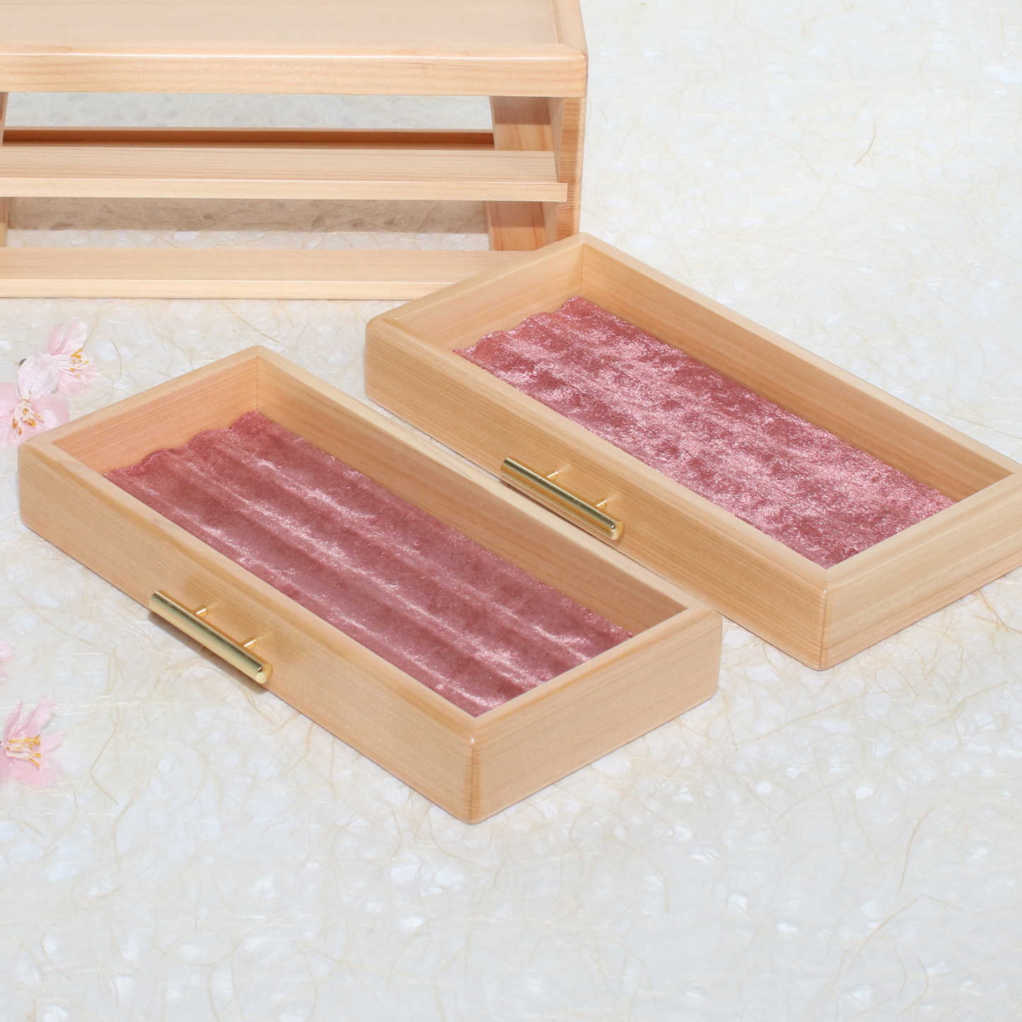 Hizakura Pen Box for 8, 2 drawers lined with Pink Cloth, BUNGUBOX, Toyooka Craft